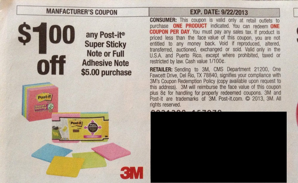 $1.00 off any Post-It Super Sticky Note or Full Adhesive Note $5.00 purchase Expires 09/22/2013