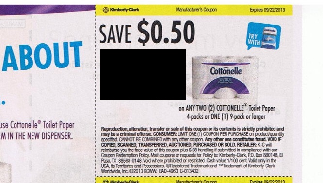Save $0.50 on any two (2) Cottonelle toilet paper 4 packs or one (1) 9 pack or larger Expires 09/22/2013