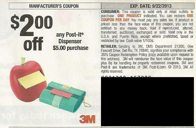 $2.00 off any Post-It Dispenser $5.00 purchase Expires 09/22/2013