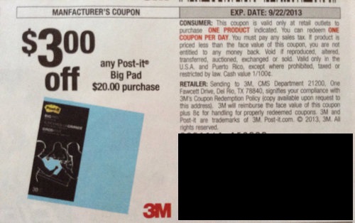 $3.00 off any Post-It Big Pad $20.00 purchase Expires 09/22/2013