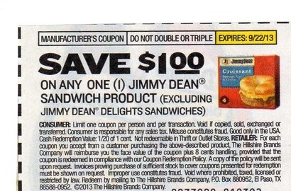 Save $1.00 on any one (1) Jimmy Dean Sandwich Product (Excluding Jimmy Dean Delights Sandwich) Expires 09/22/2013