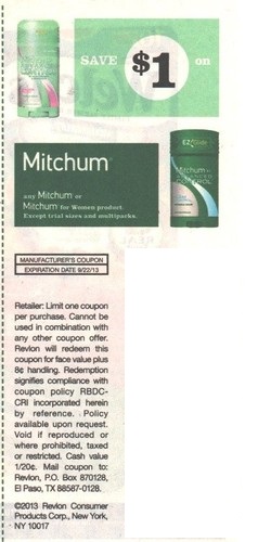 Save $1.00 on any Mitchum or Mitchum for women product. Except trial sizes and multipacks Expires 09/22/2013