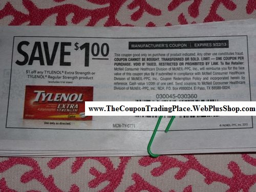 Save $1.00 off any Tylenol Extra Strength or Tylenol Regular Strength product Expires 09/22/2013