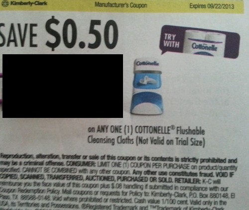Save $0.50 on any one (1) Cottonelle Flushable Cleansing Cloths (Not valid on trial size) Expires 09/22/2013