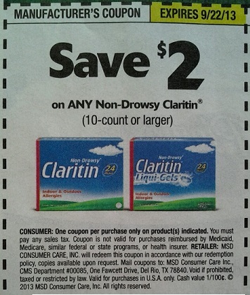 $2.00 off Any Non-Drowsy Claritin (10 count or larger) Expires:  Sep-22-2013