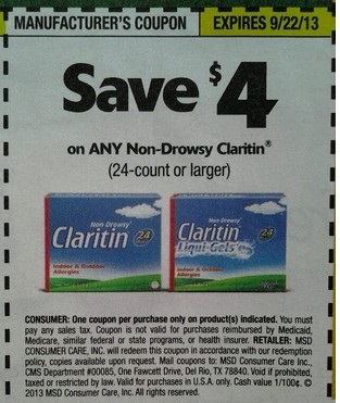 $4.00 off Non Drowsy Claritin (24 ct or larger) Expires:  Sep-22-2013
