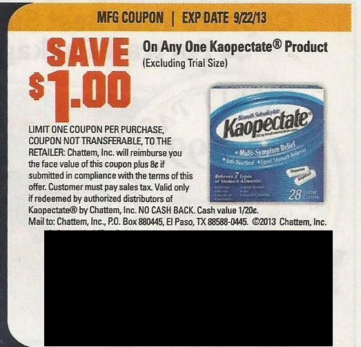 Save $1.00 on any Kaopectate product (Excluding trial size) Expires 09/22/2013