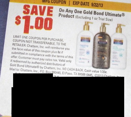 Save $1.00 on any one Gold Bond Ultimate product excluding 1 oz trial size expires 09/22/2013