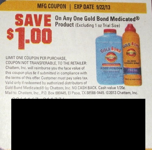Save $1.00 on any one Gold Bond Medicated product (Excludes 1oz trial size) Expires 09/22/2013