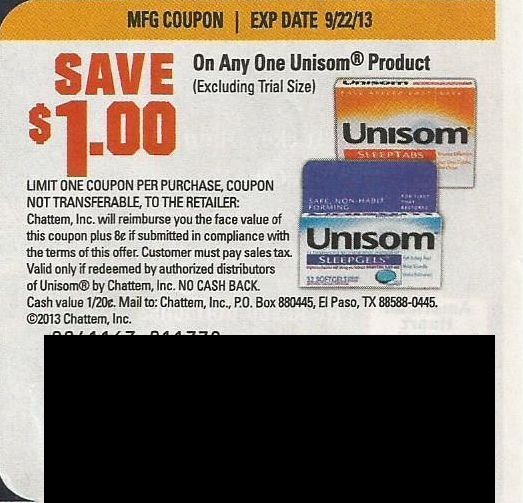 Save $1.00 on any one Unisom product (Excludes trial size) Expires 09/22/2013