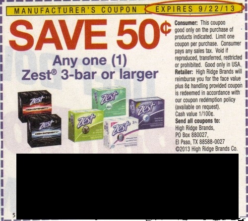 Save $0.50 on any one (1) Zest 3-bar or larger Expires 09/22/2013