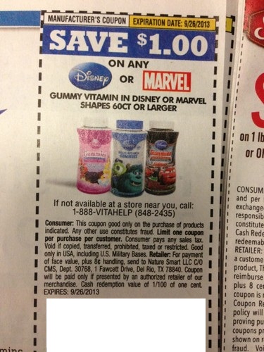 Save $1.00 on any Disney or Marvel Gummy Vitamin in Disney or Marvel Shapes 60 ct or larger Expires 09-26-2013