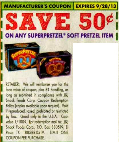Save $0.50 on any SuperPretzel Soft Pretzel Item Expires 09/28/2013
