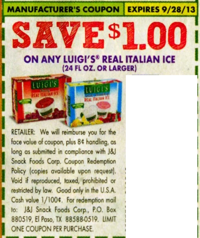 Save $1.00 on any Luigi's real Italian Ice (24 fl oz or larger) Expires 09/28/2013