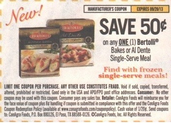 $0.50 off Bertolli Bakes or Al Dente single-server meal Expires:  Sep-28-2013