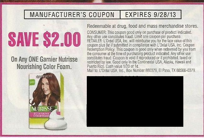 Save $2.00 on any Garnier Nutrisse Nourishing Color Foam Expires 09/28/2013
