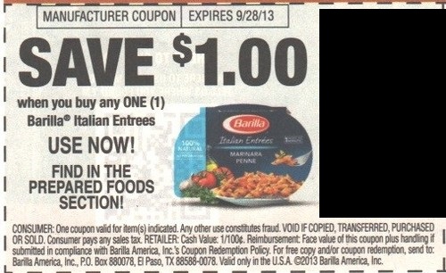 Save $1.00 when you buy any one (1) Barilla Italian Entrees expires 09/28/2013
