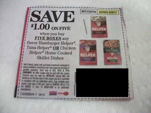 Save $1.00 on Five when you buy five boxes any flavor Hamburger Helper, Tuna Helper, or Chicken Helper home cooked skillet dishes Expires 09/28/2013
