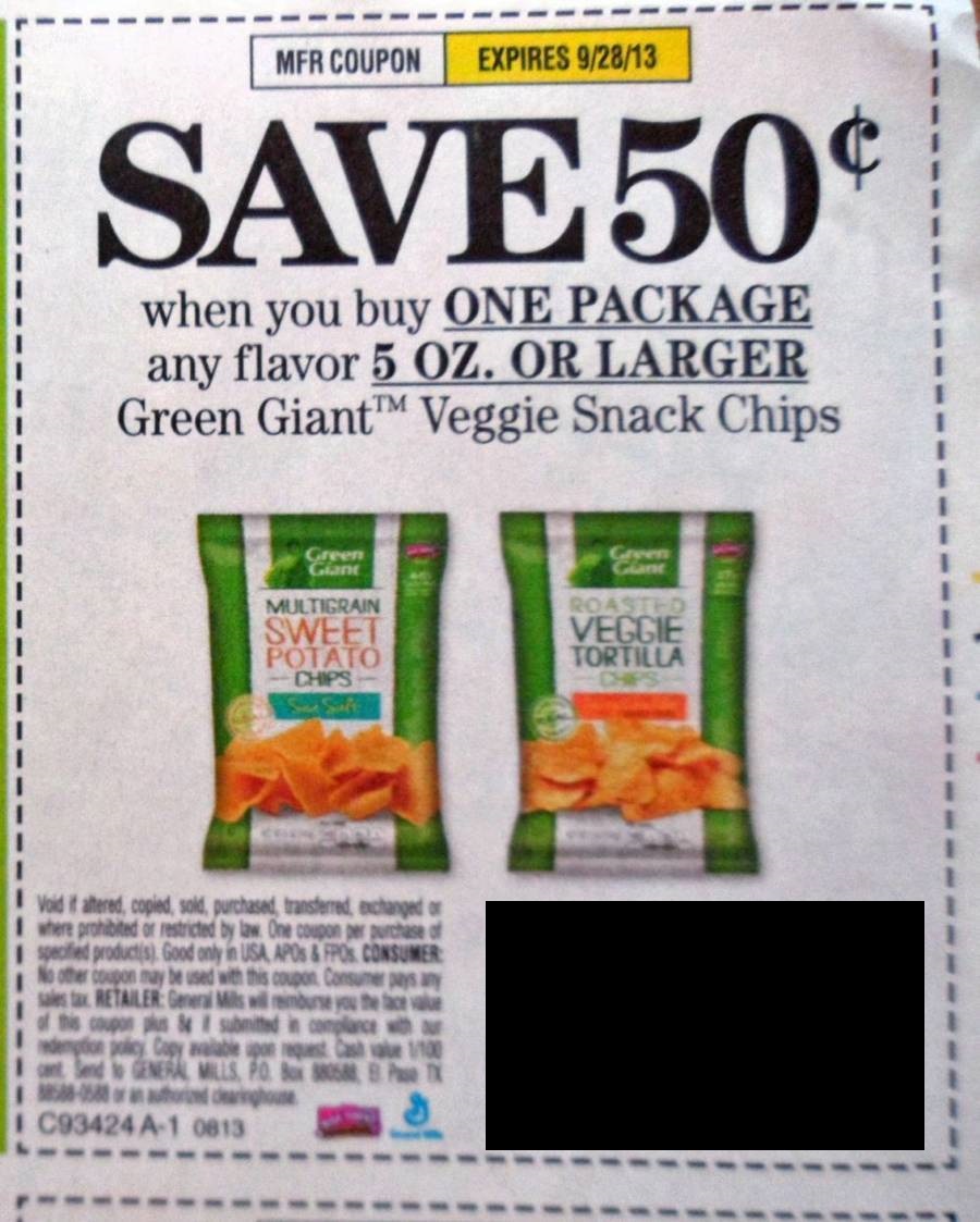 Save $0.50 when you buy one package any flavor 5oz or larger Green Giant Veggie Snack Chips Expires 09/28/2013