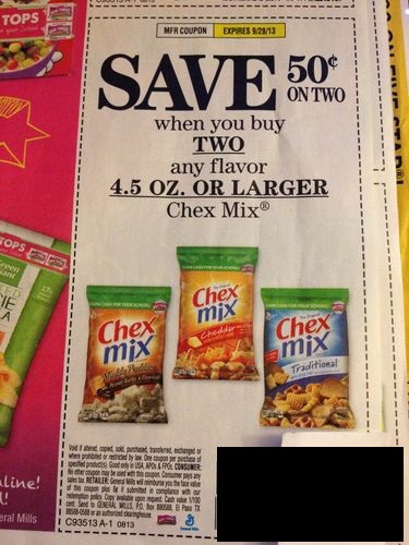 Save $0.50 on two when you buy two any flavor 4.5oz or larger Chex Mix Expires 09/28/2013