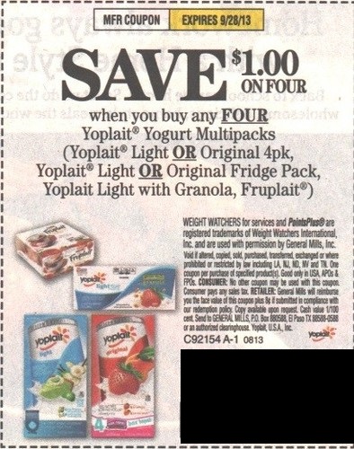 Save $1.00 when you buy any four Yoplait Yogurt Multipacks (Yoplait Light or Original 4 pk, Yoplait Light or Original Fridge pack, Yoplait Light with Granola, Fruplait) Expires 09/28/2013