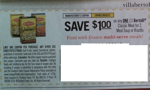Save $1.00 on any one (1) Bertolli Classic Meal for 2, Meal Soup or Risotto Expires 09/28/2013
