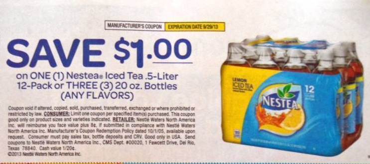 Save $1.00 on one (1) Nestea Iced Tea .5 liter 12 pack or three (3) 20 oz bottles (Any Flavors) Expires 09/29/2013