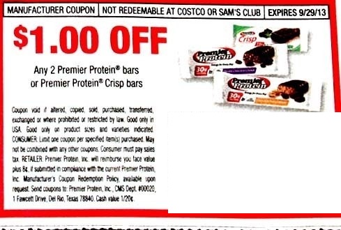 $1.00 off any 2 Premier Protein bars or Premier Protein Crisp bars Expires 09/29/2013
