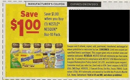 Save $1.00 when you buy (1) Nestle Nesquik 8oz-10 pack Expires 09/29/2013