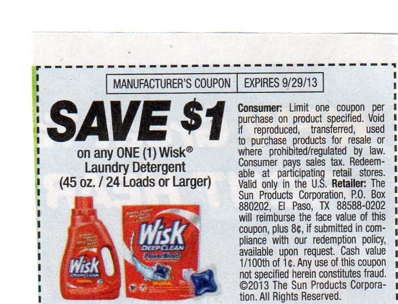 Save $1.00 on any one (1) Wisk Laundry Detergent (45 oz / 24 Loads or larger) Expires 09/29/2013