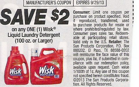 Save $2.00 on any one (1) Wisk Liquid Laundry Detergent (100 oz or larger) Expires 09/29/2013