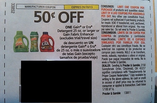 $0.50 off one Gain or Era detergent 25oz or larger or Gain Fabric Enhancer (Excludes trial/travel size) Expires 09/30/2013