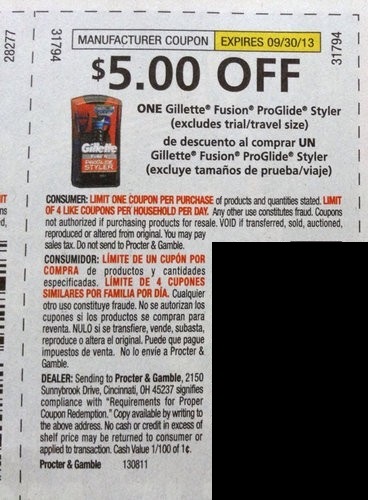 $5.00 off one Gillette Fusion ProGlide Styler (Excludes trial/Travel size) Expires 09/30/2013
