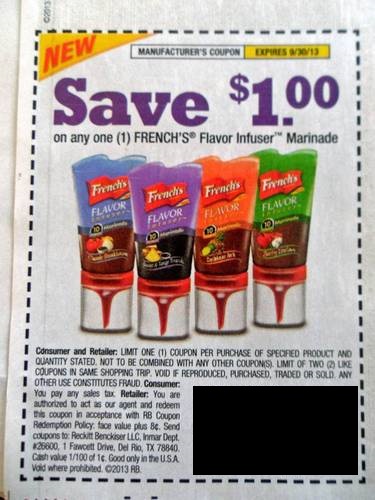 Save $1.00 on any one (1) French's Flavor Infuser Marinade Expires 09/30/2013