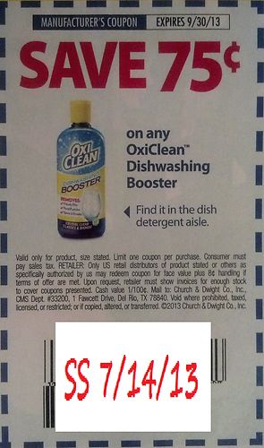Save $0.75 on any OxiClean Dishwashing Booster Expires 09/30/2013