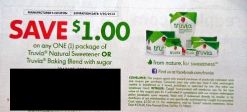 Save $1.00 on any one (1) package of Truvia Natural Sweetener OR Truvia Baking Bleand with sugar Expires 09/30/2013