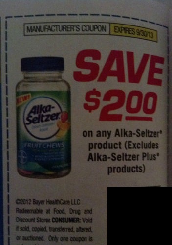 Save $2.00 on any Alka-Seltzer product (Excludes Alka-Seltzer Plus Products) Expires 09/30/2013