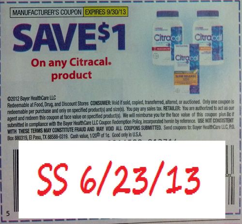 Save $1.00 on any Citracal product Expires 09/30/2013