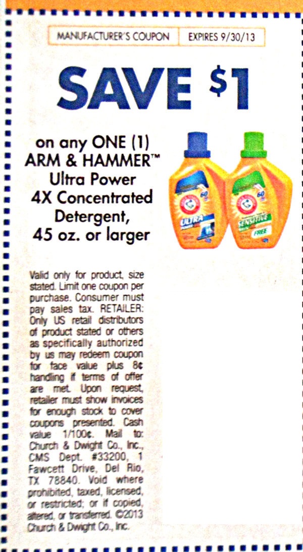 Save $1.00 on any one (1) Arm & Hammer Ultra Power 4x Concentrated detergent, 45oz or larger Expires 09/30/2013