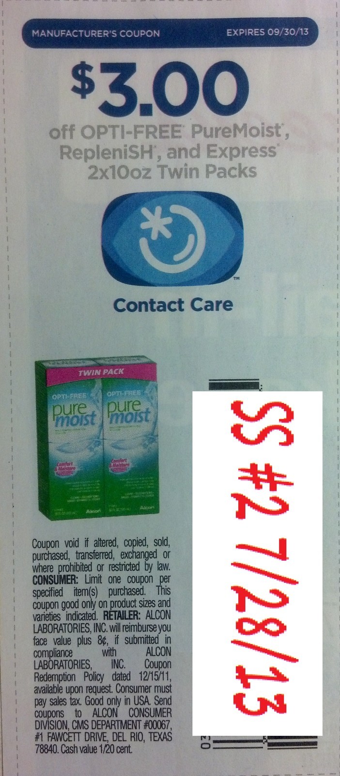 $3.00 off Opti-Free PureMoist, Replenish, and Express 2x10oz Twin packs Expires 09/30/2013