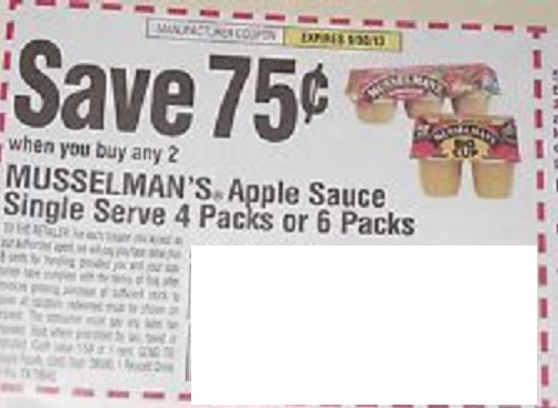 Save $0.75 when you buy any  Musselman's Apple Sauce Single Serve 4 packs or 6 packs Expires 09/30/2013