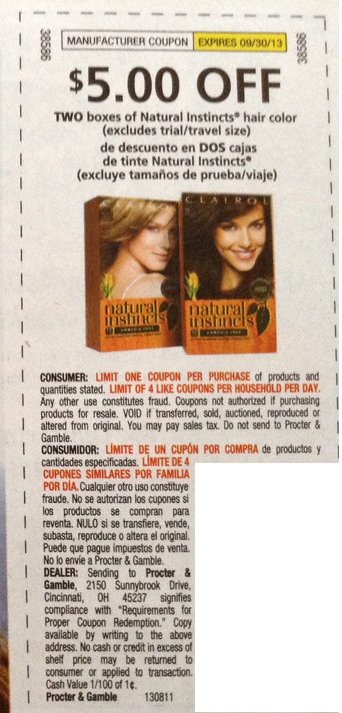 $5.00 off two boxes of Clairol Natural Instincts hair color (Excludes trail/travel size) Expires 09/30/2013