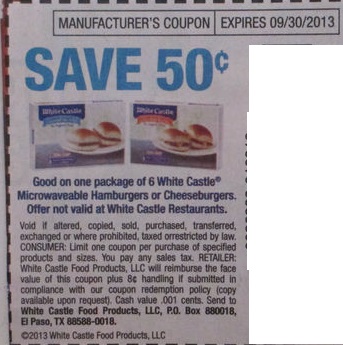Save $0.50 on one package of 6 White Castle Microwavable Hamburgers or Cheeseburgers. Offer no valid at White Castle Resturants. Expires 09/30/2013
