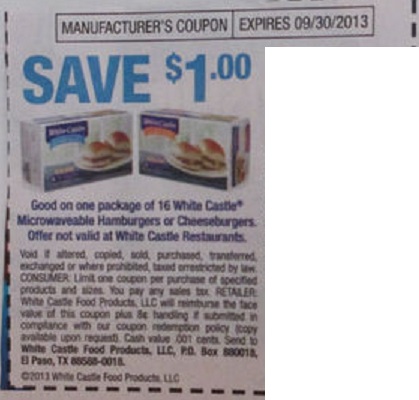 Save $1.00 on one package of 16 White Castle Microwavable Hamburgers or Cheeseburgers. Offer not valid at White Castle Restaurants. Expires 09/30/2013