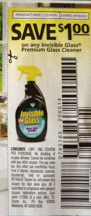 Save $1.00 on any Invisible Glass Premium Glass Cleaner Expires 09/30/2013