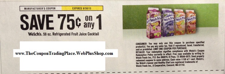 Save $0.75 on any 1 Welch's 59 oz Refrigerated fruit juice cocktail Expires 09/30/2013
