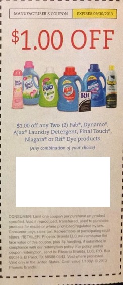 $1.00 off WYB 2 Fab, Dynamo, Ajax Laundry Detergent, Final Touch, Niagara or Rit Dye Products (any combination) Expires:  Sep-30-2013