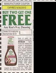 Buy 2 Get 1 FREE any Ken's 9oz dressing Up to $2.39 Expires 09/30/2013