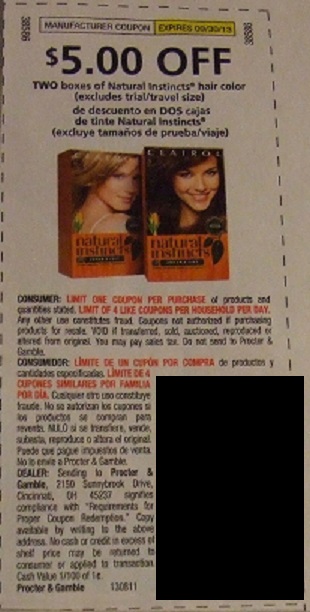 $5.00 off two boxes of Clairol Natural Instincts hair color (excludes trial/travel size) Expires 09/30/2013
