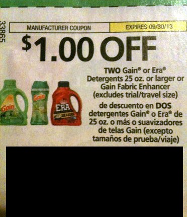 $1.00 off two Gain or Era Detergents 25 oz or larger or Gain Fabric Enhancer (Excludes trial/travel size) Expires 09/30/2013
